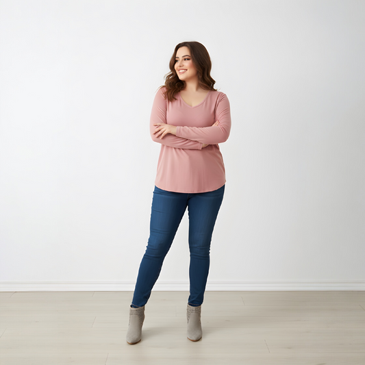 Plus Size Microfiber Long Sleeve V-Neck Tee