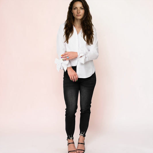 Button Front Blouse with Bow Tie Cuffs