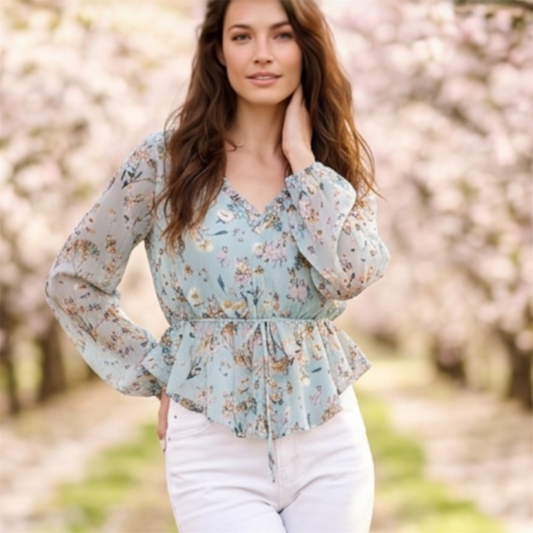 Tie Sleeve Scoop Neck Peplum Top