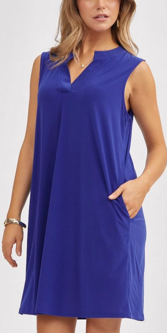 A-Line Mandarin Collar Dress with Pleated Back - Wrinkle-Free Knit