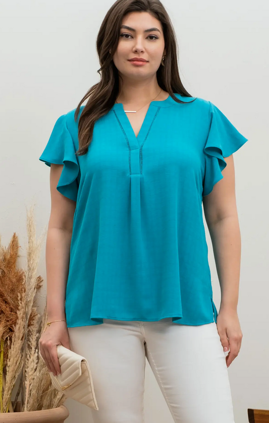 GRID PRINT SPLIT NECK LADDER LACE TRIM BLOUSE
