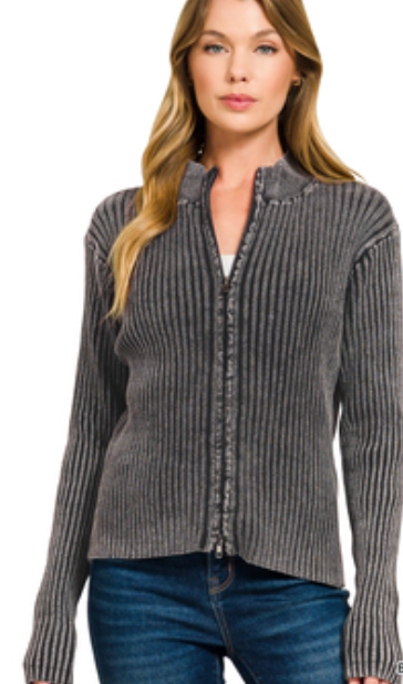 Washed Zip-Up Ribbed Sweater | 100% Cotton Boutique Top