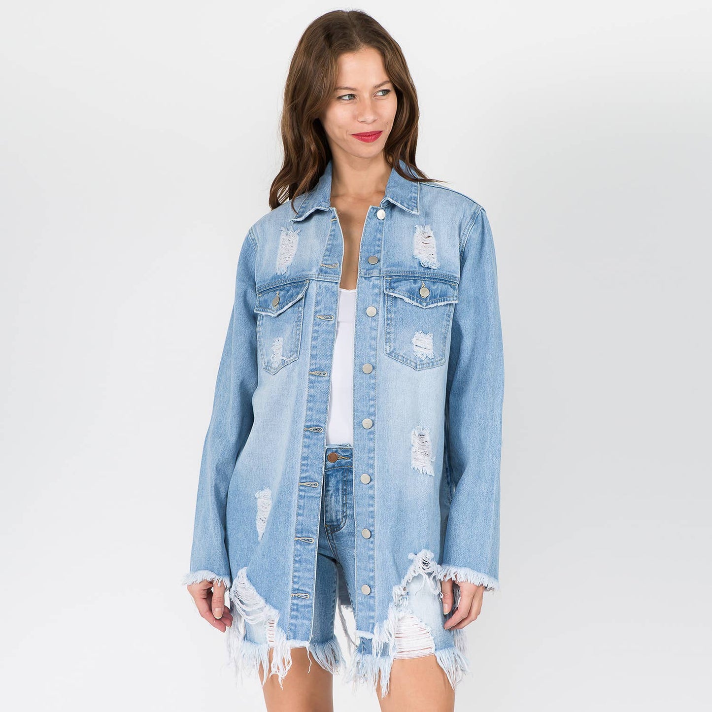 Distressed Denim Shirt Jacket with Button Front & Raw Hem