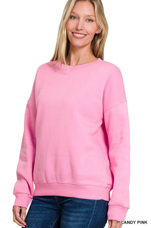 Fleece Drop Shoulder Sweatshirts: CANDY PINK