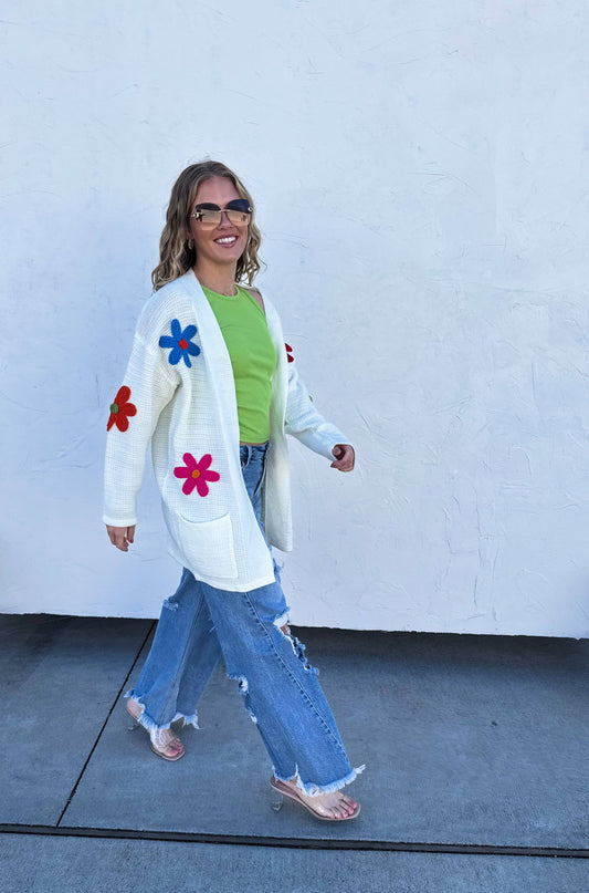 Cute Flower Knit Cardigan – Multi-Color Floral, Off-White, Pockets & Stretch