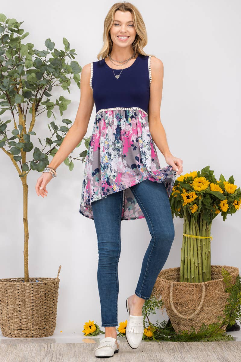 FLORAL CONTRAST BABY DOLL W/ LACE TRIM