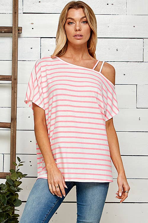 PINK STRIPED SHOULDER TOP WITH STRANDS