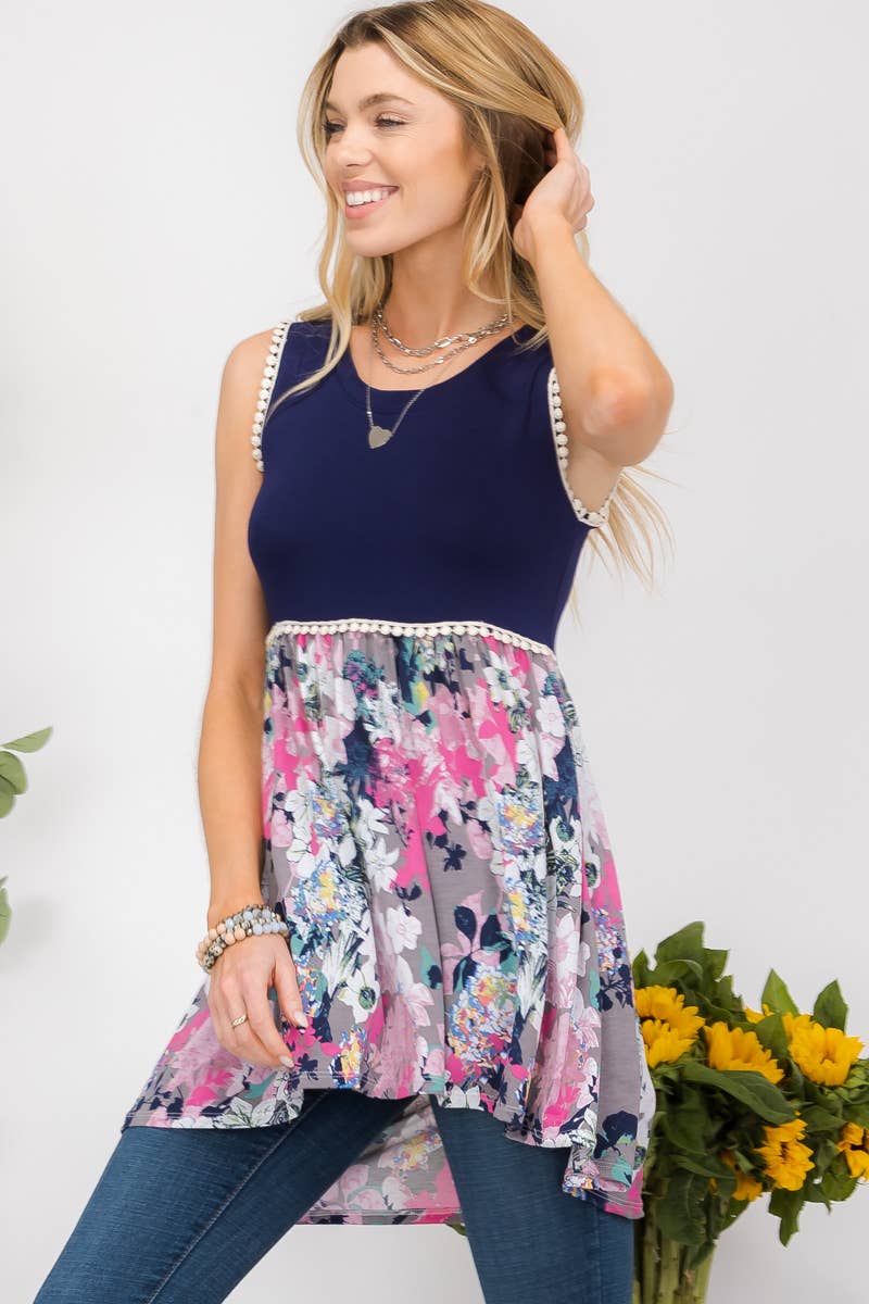 FLORAL CONTRAST BABY DOLL W/ LACE TRIM