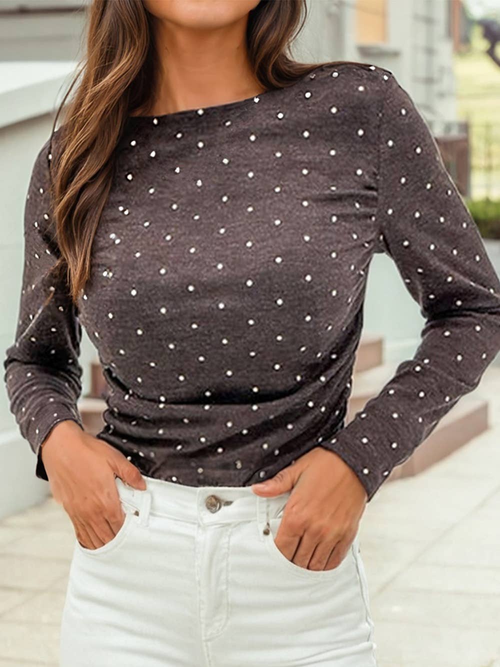 Polka Dot Boat Neck Knit Long Sleeve T-Shirt – Dark Brown & Jet Stream