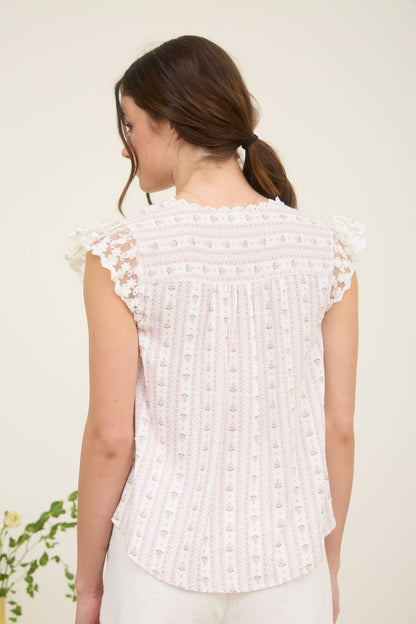 STRIPE FLORAL V NECK LACE TRIM BUTTON DOWN BLOUSE