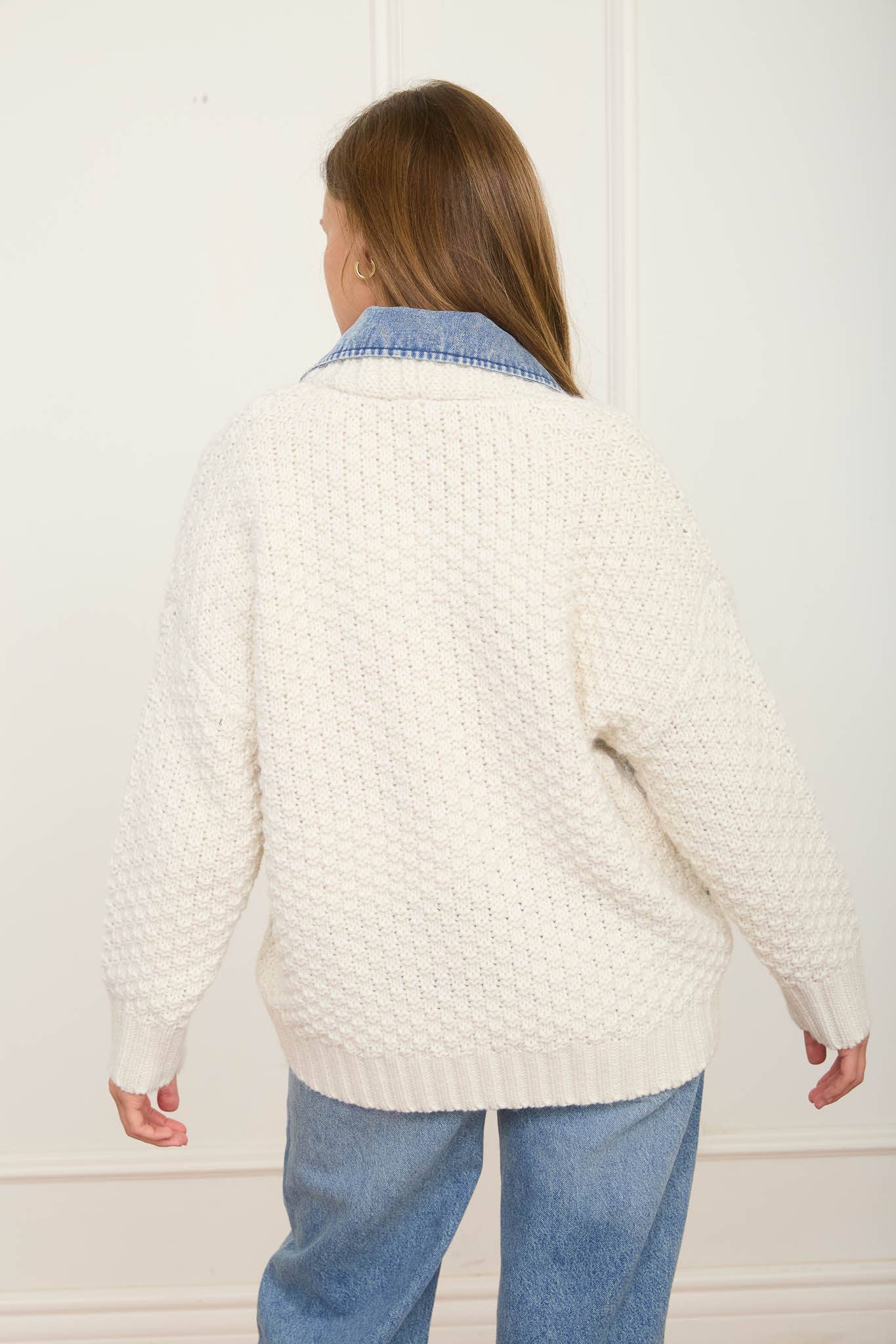 Mixed Media Cable Knit Denim Trim Jacket – Natural