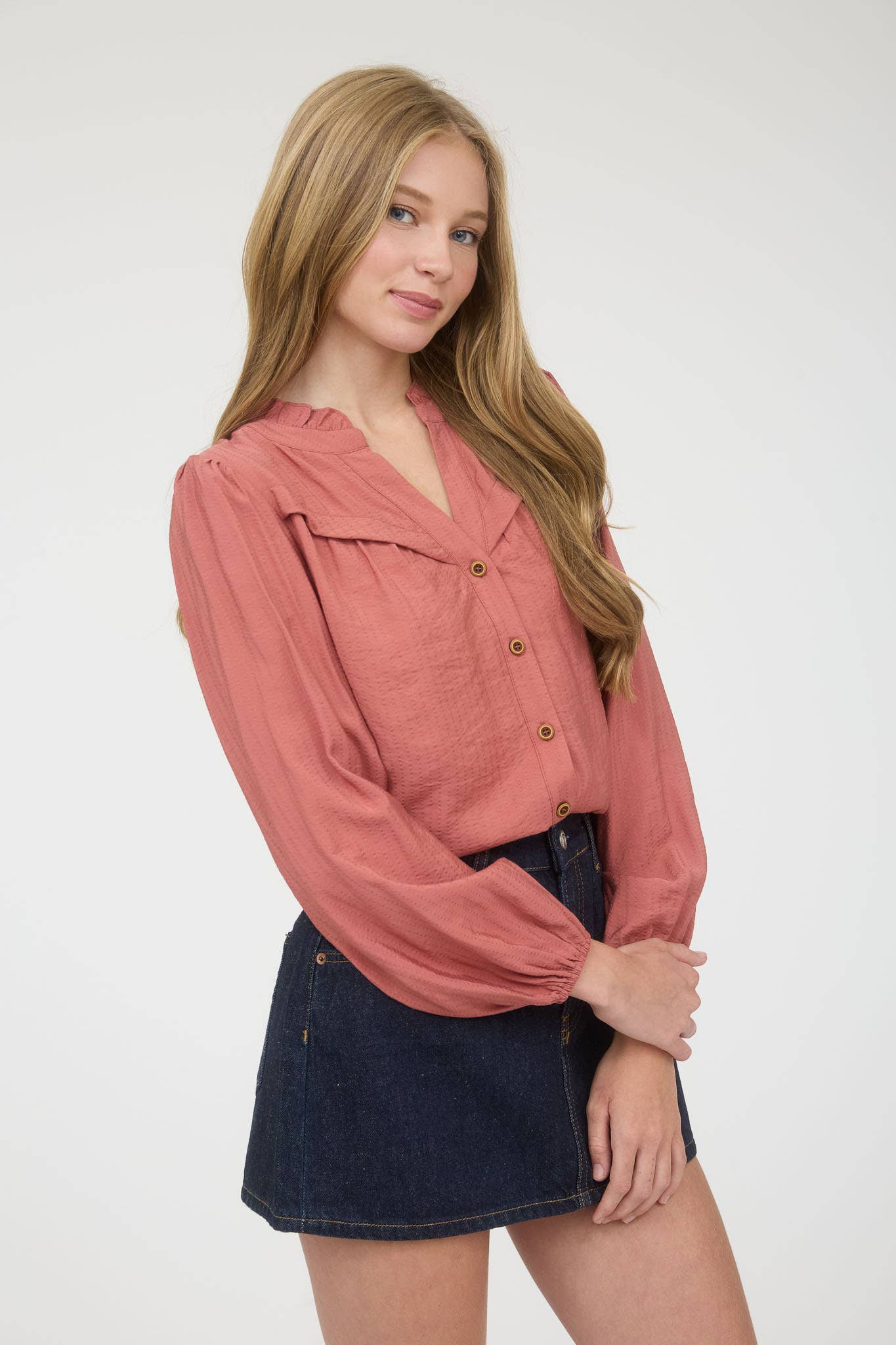 Ruffle Neck Button-Down Long Sleeve Top | Chic Woven V-Neck Blouse