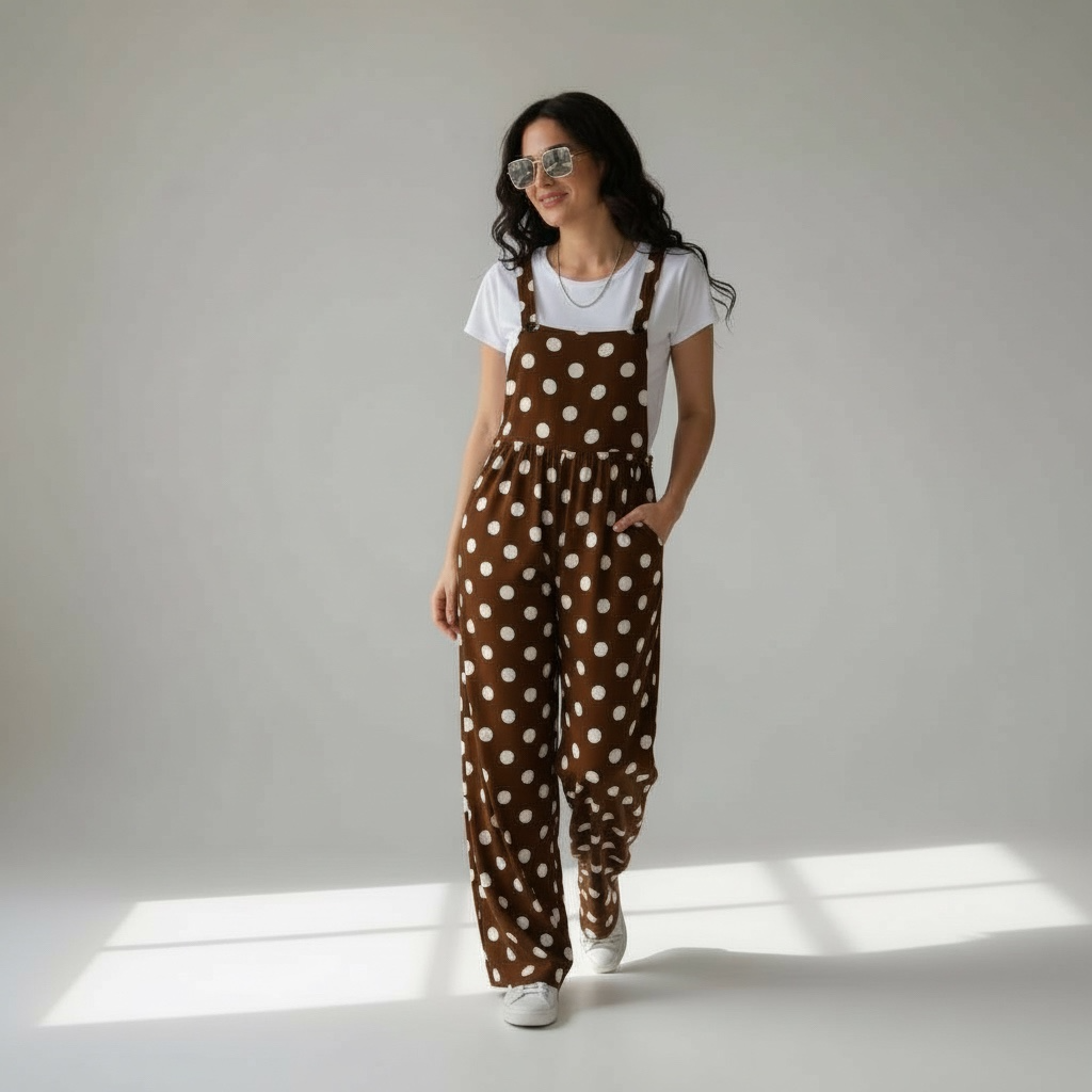 Vintage Polka Dot Ribbed Overalls with Adjustable Straps & Pockets