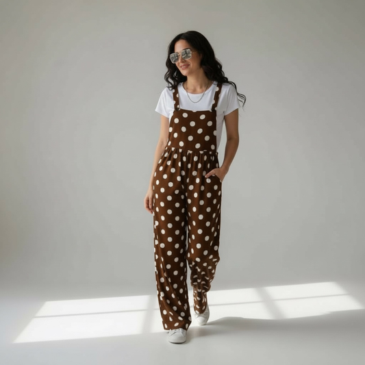Vintage Polka Dot Ribbed Overalls with Adjustable Straps & Pockets