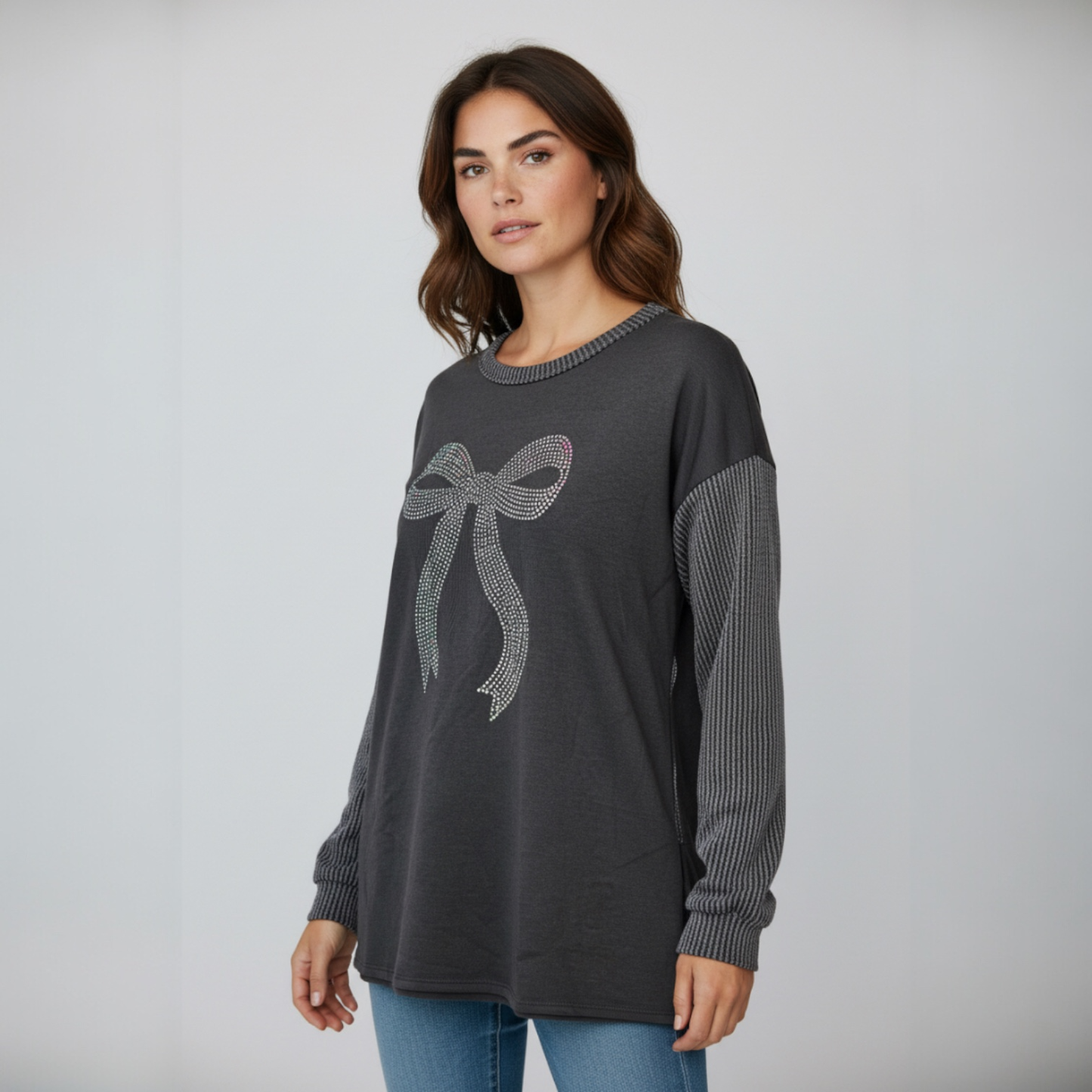 Black Ribbed  Sleeve Top with Rhinestone Ribbon Detail