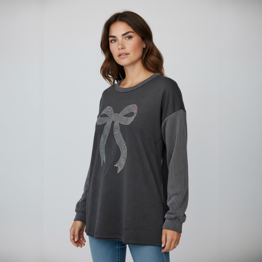 Black Ribbed  Sleeve Top with Rhinestone Ribbon Detail