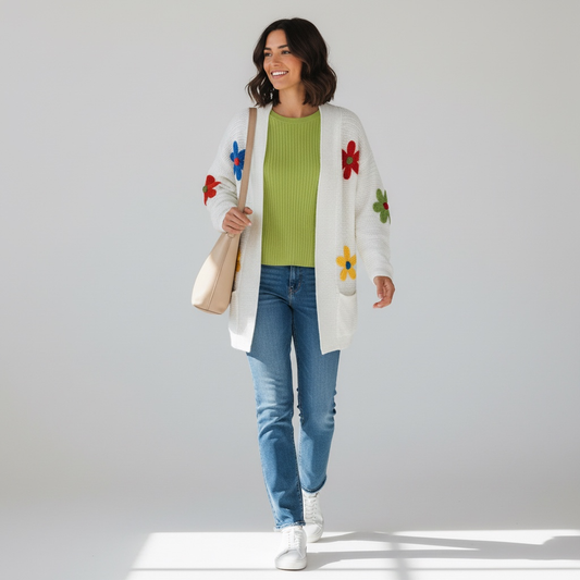 Cute Flower Knit Cardigan – Multi-Color Floral, Off-White, Pockets & Stretch