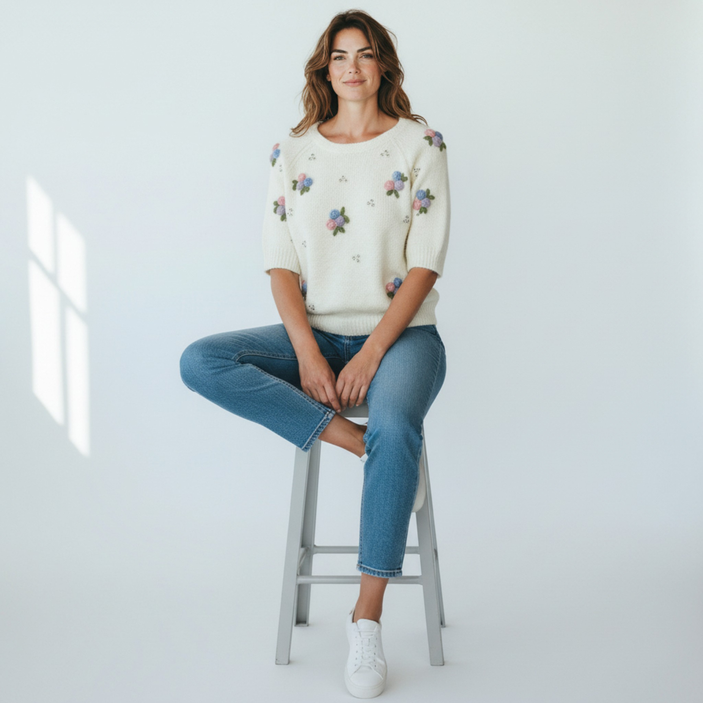 Floral Embroidered Rhinestone Short Sleeve Knit Sweater Top